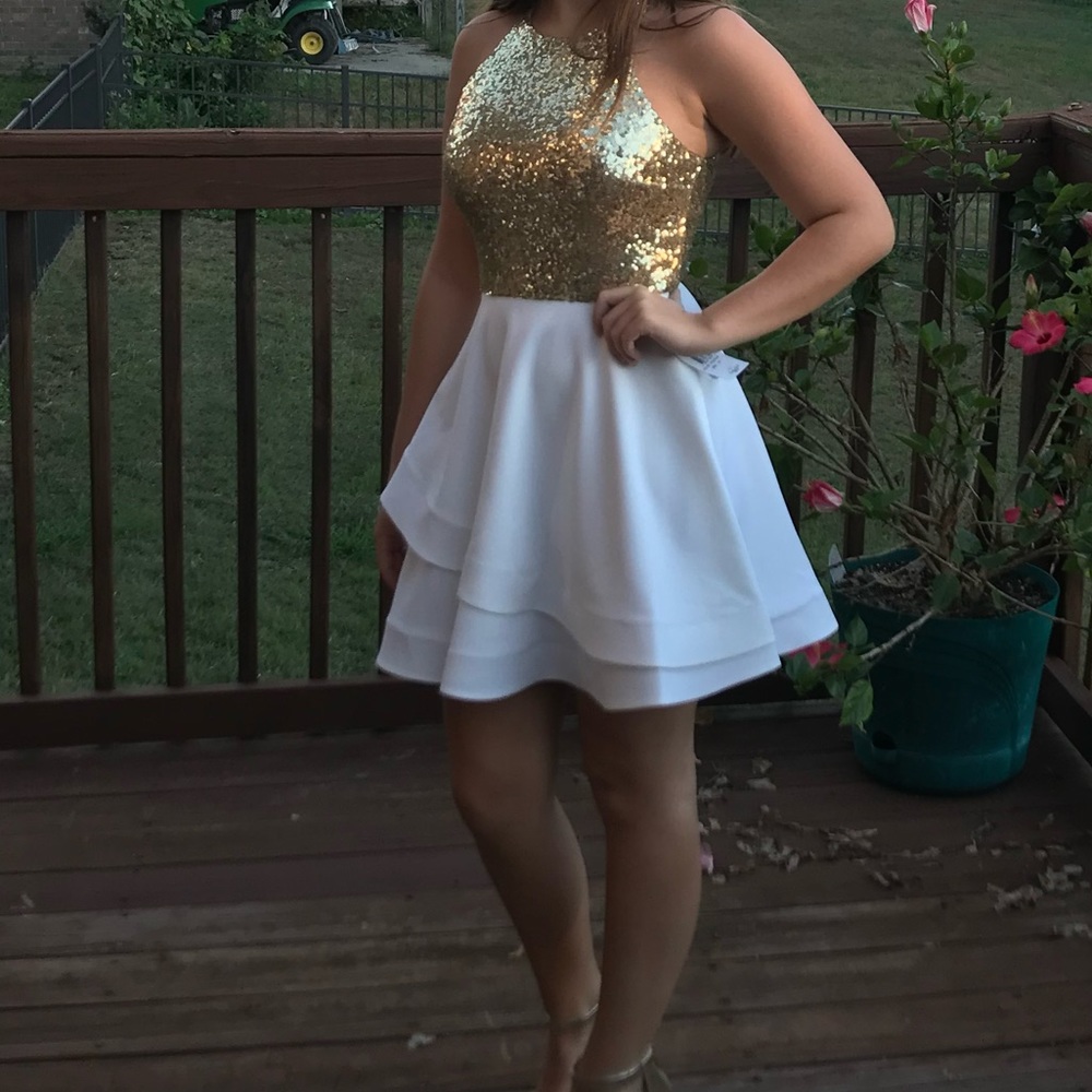 white and gold sparkly homecoming dress
